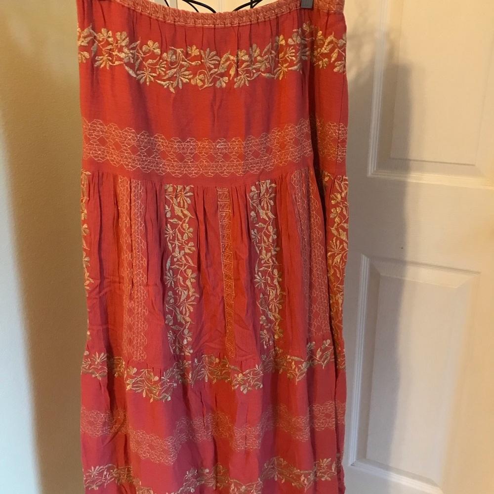 Hale Bob Regan Maxi Skirt Embroidered Rayon Crinkle Gauze Sz. Small Coral & Gold - Picture 5 of 14
